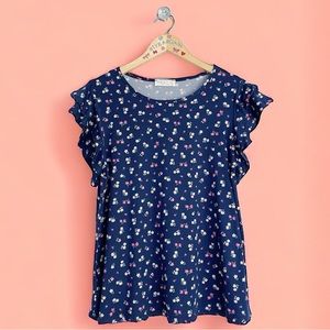 Perfect Peach Dainty Floral Double Ruffle Sleeve Jersey Knit Top S (4/6) Blue